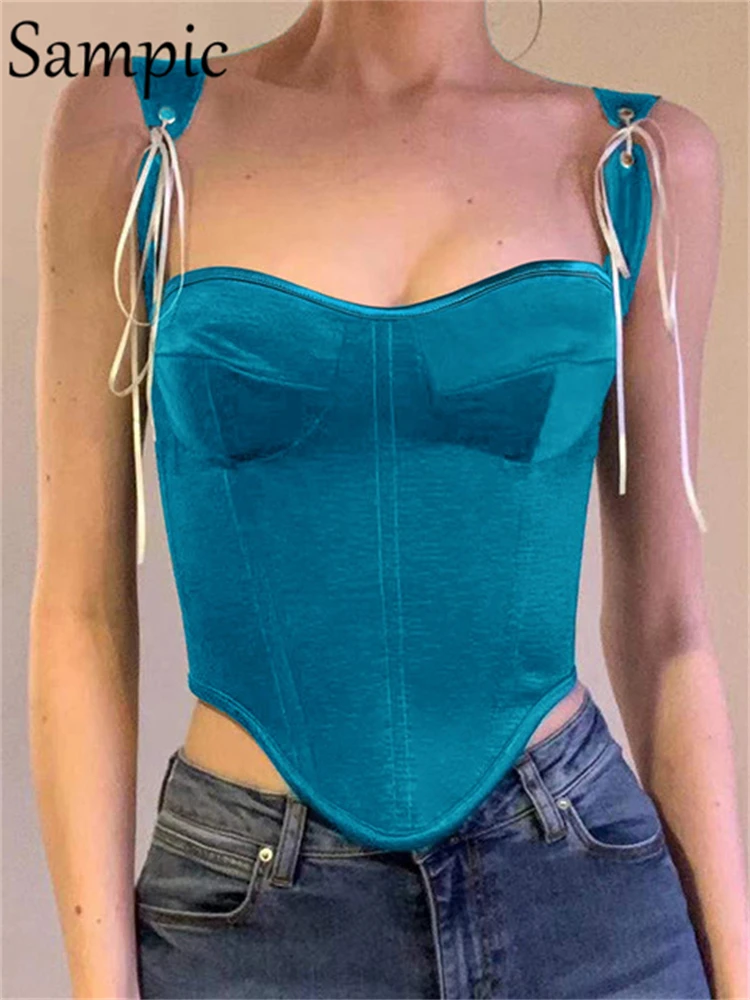 

Sampic Women Backless Strap Club Satin Tube Corset Crop Tops Y2K 2022 Sexy Party Summer Bustier Tank Tops Basic Skinny T Shirts