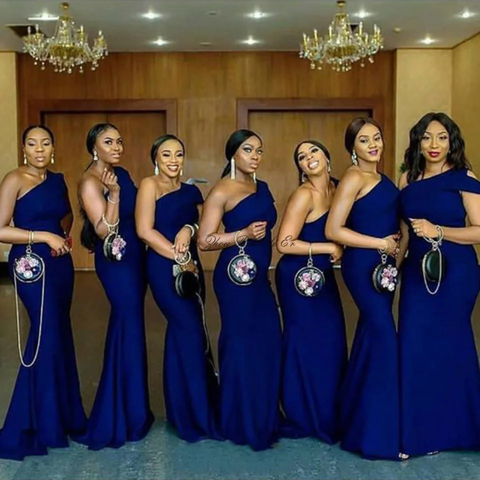 

Dark Blue African Bridesmaid Dresses One Shoulder Sheath Godmother Dress Vestidos Long Wedding Party Gown For Women