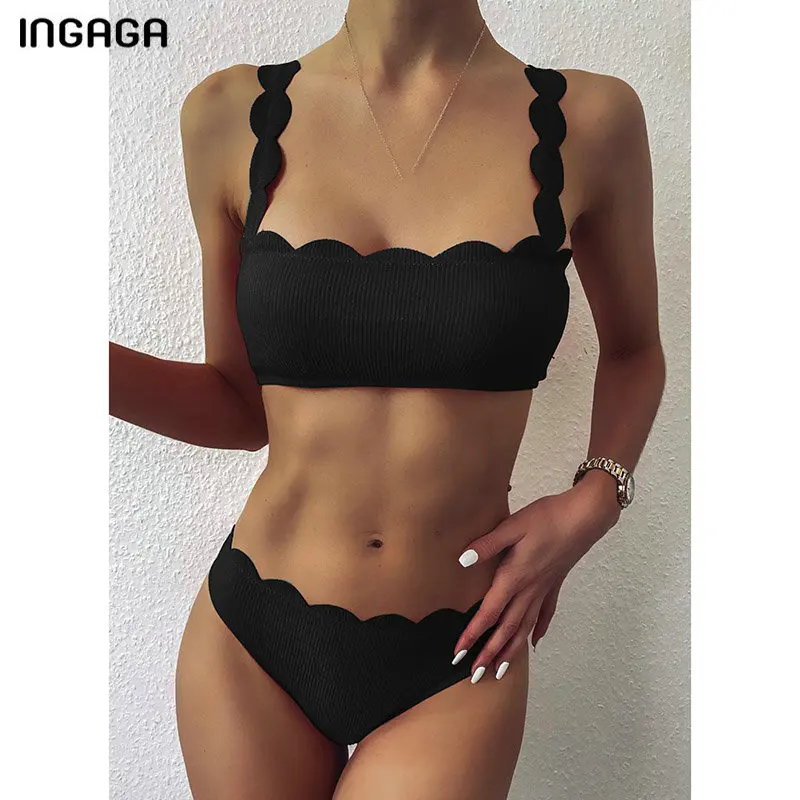 Бикини пуш-ап INGAGA 2021, купальники с зубчатыми краями, женские ребристые купальные костюмы, однотонное Бикини бандо, пляжный комплект бикини