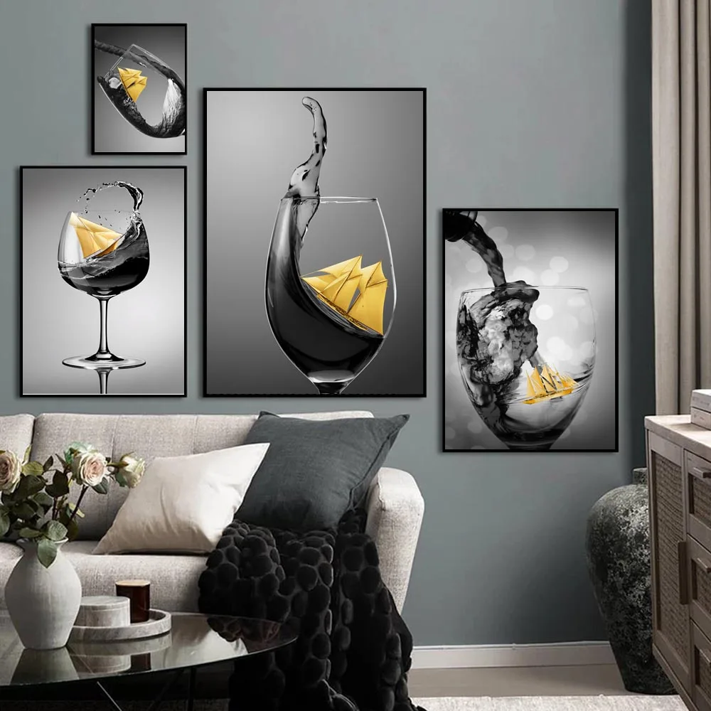 Современная Скандинавская модная Картина на холсте в виде бокала вина Офисная