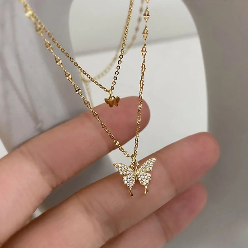 

Korean Fashion Lady Exquisite Double Layer Clavicle Chain Necklace Silver Plated Shiny Butterfly Necklace Trend Jewelry Gifts