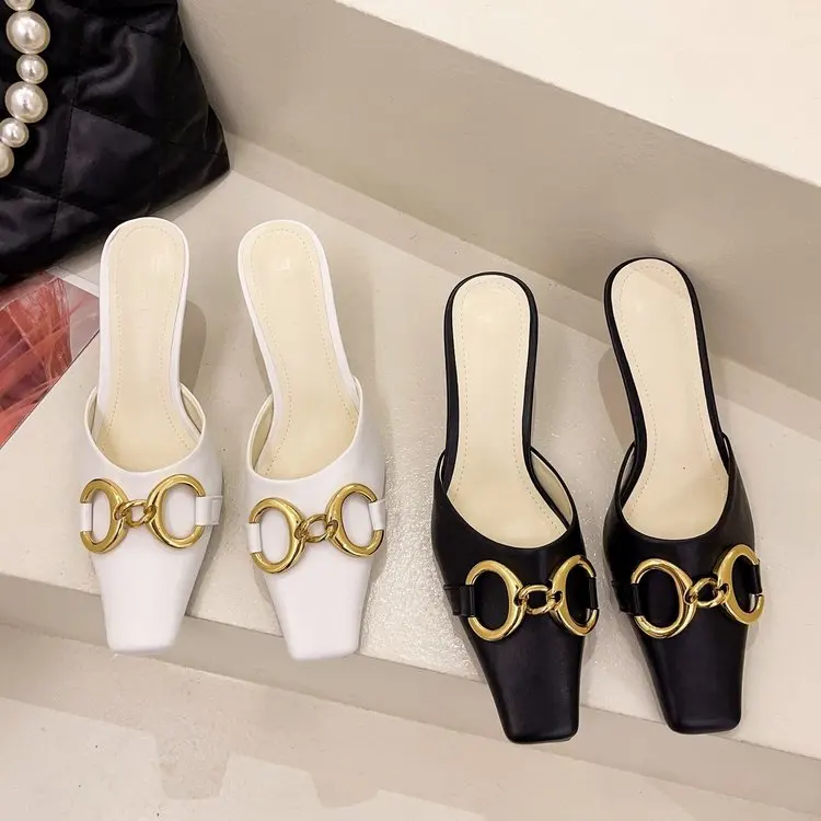 

Shoes Slippers Soft Thin Heels Cover Toe Med Heeled Mules Slipers Women Slides Shallow Fashion Comfort High 2021 Luxury Rubber