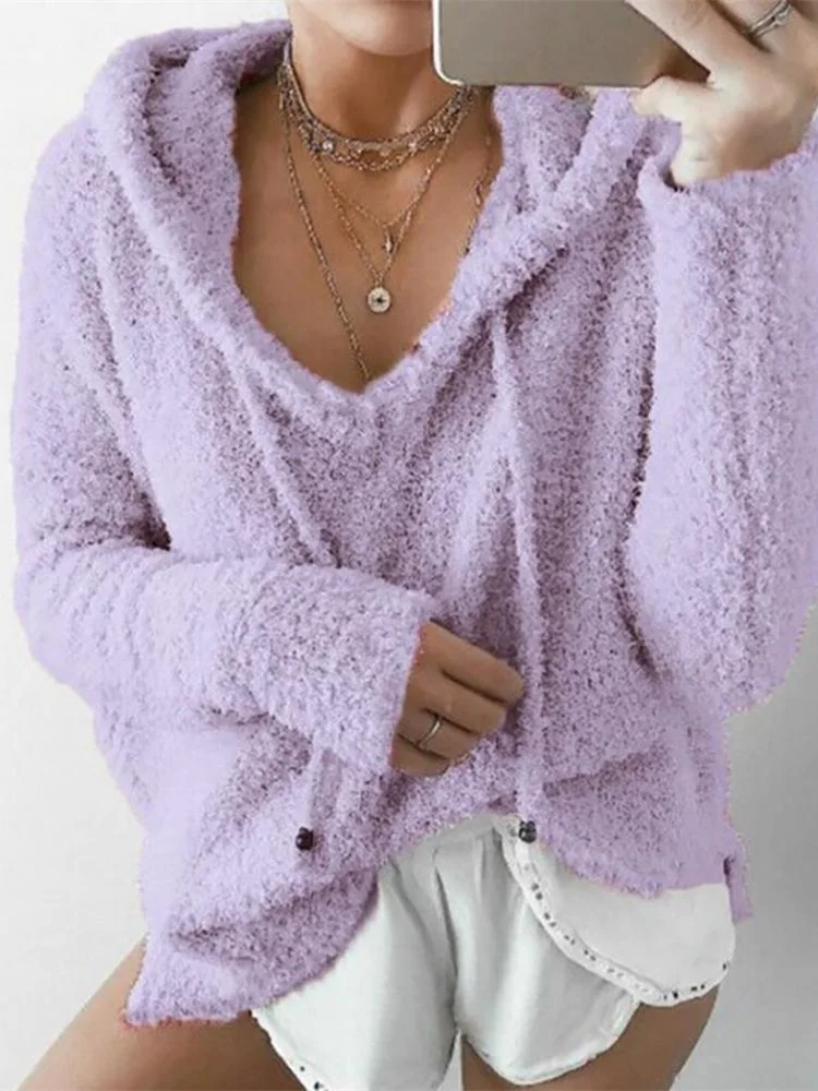 Однотонный с кулиской толстовка капюшоном для женщин Элегантный однотонный