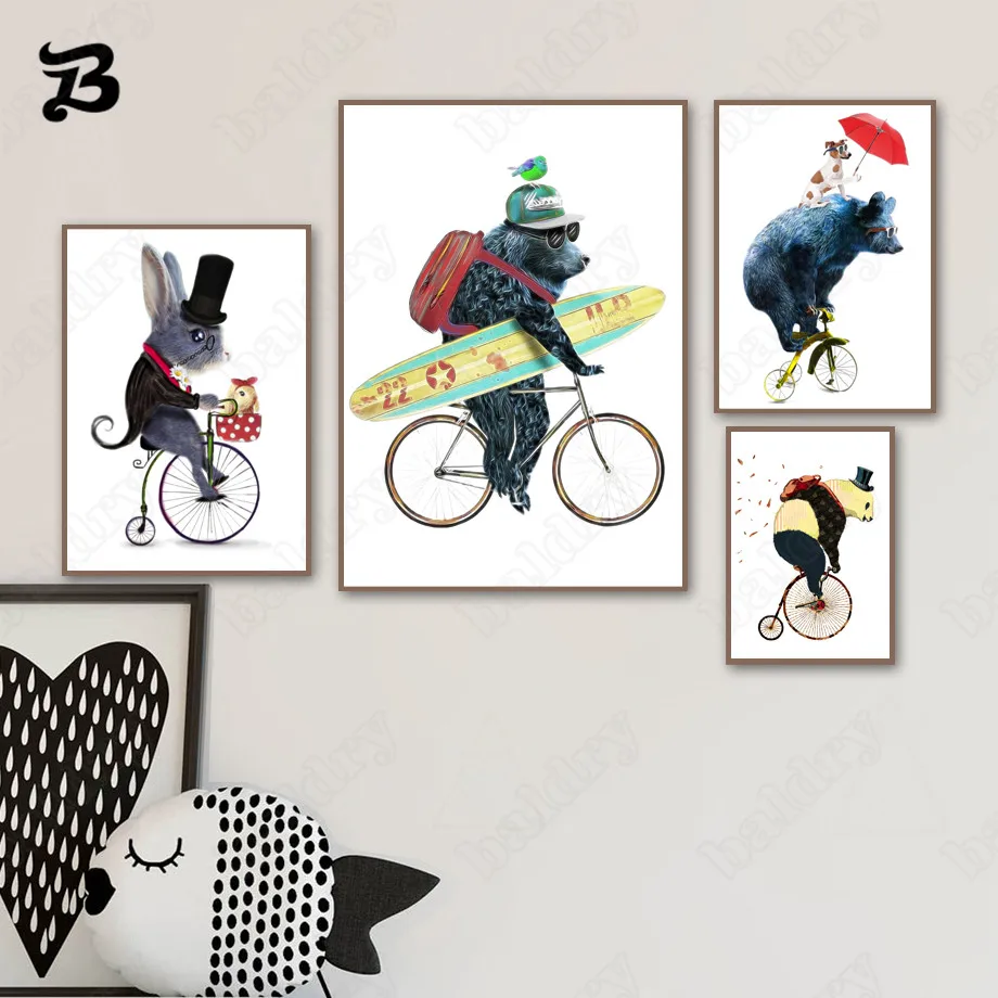 

Canvas Painting for Living Room Animals Riding Bicycles Funny Bear Panda Dog Wall Art Posters and Prints Wall Picture Home Decor