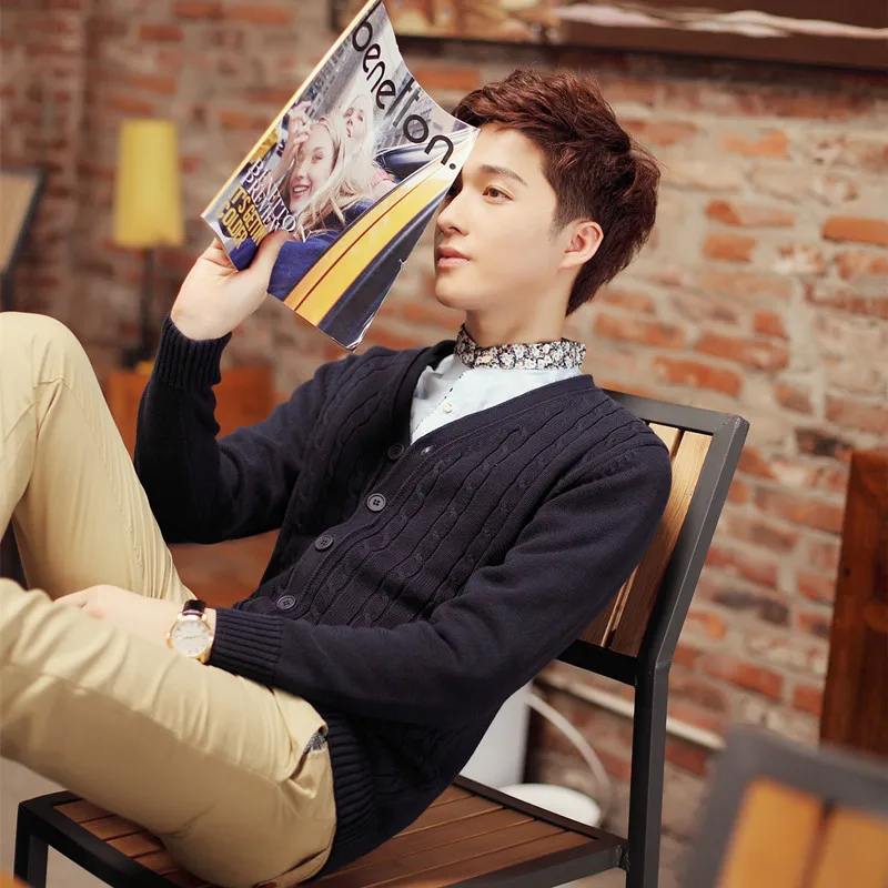 Весенне-осенний мужской однотонный кардиган с v-образным вырезом корейский стиль