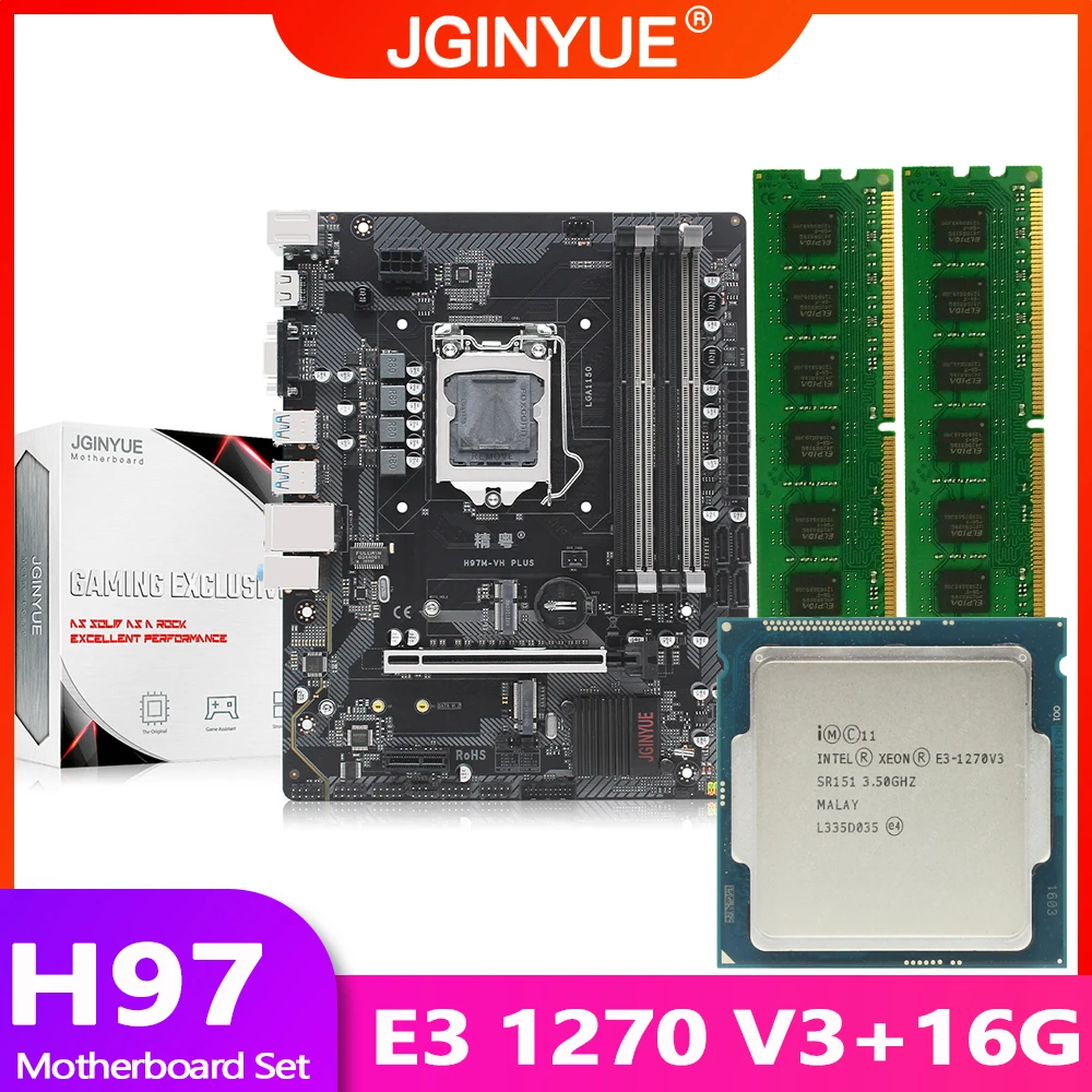 Bestellen JGINYUE H97 Motherboard LGA 1150 Set Kit Mit Xeon E3 1270 V3 Prozessor Und DDR3 16GB 2*8G Desktop Speicher H97M-VH PLUS