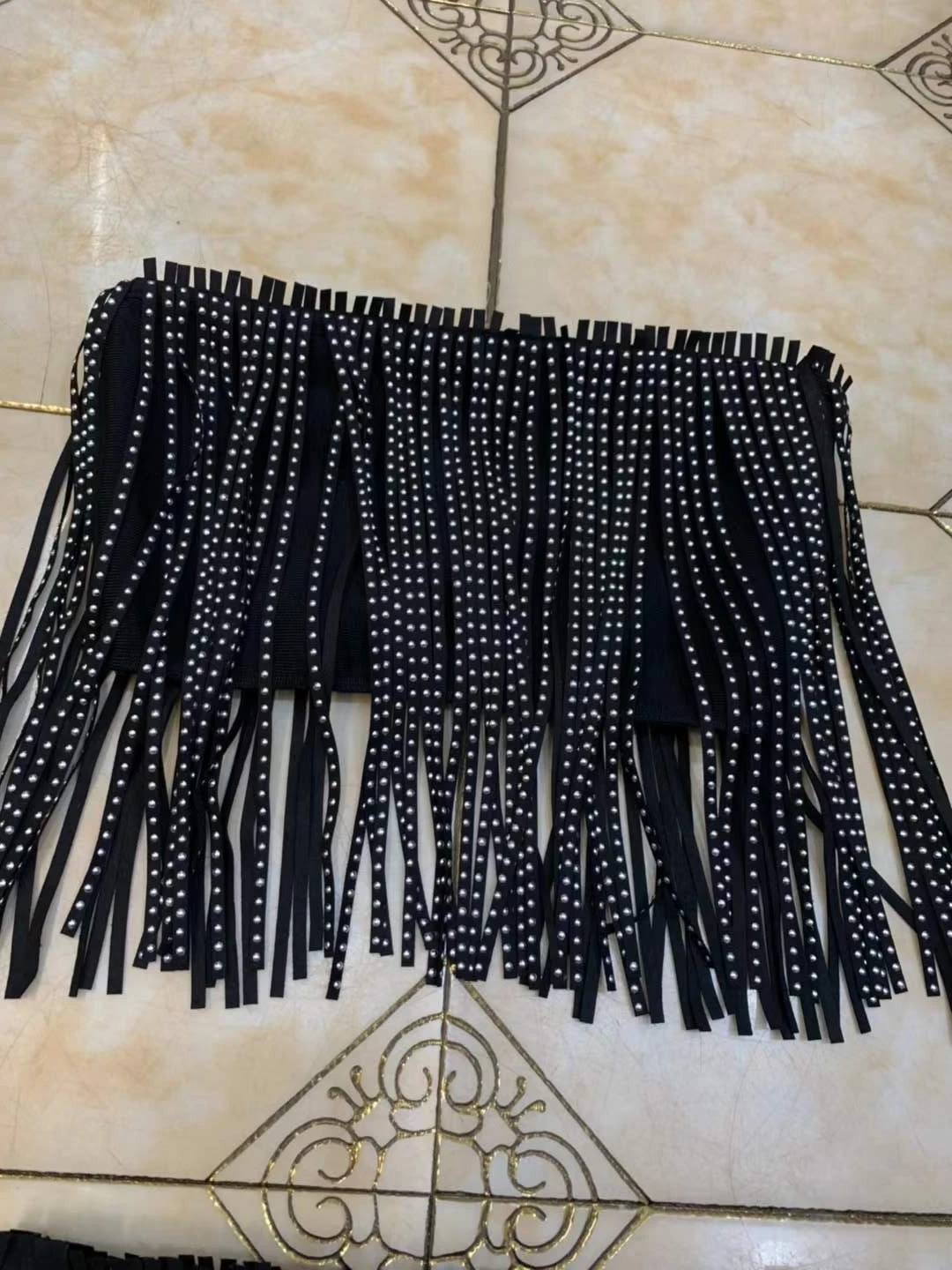 

Sexy Strapless Backless Tassel Black Diamonds Two Pieces Bodycon Bandage Set 2021 Celebrity Designer Fashion Women's Set