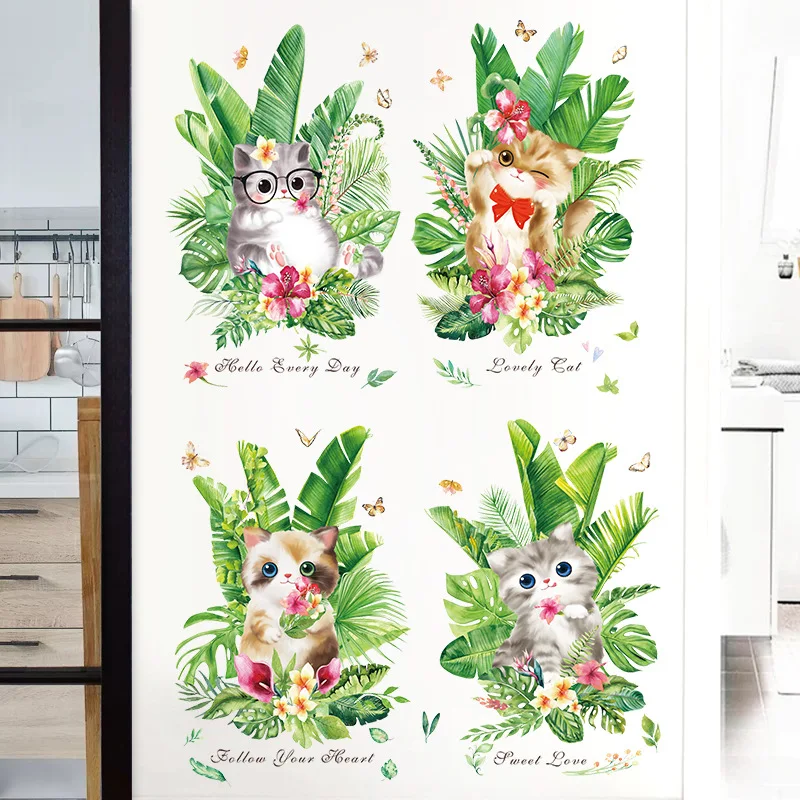 

Cute Cat Plant Leaves Wall Stickers Home Decor Toilet Door Closet Wardrobe Furniture Bedroom Kids Room Animal Vinyl DIY Decal