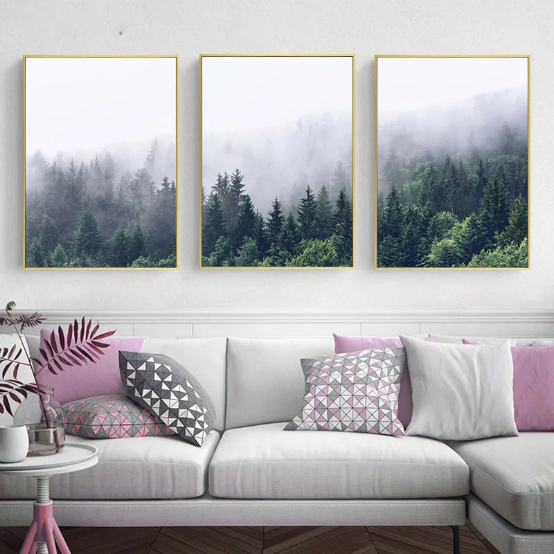 Туманный лес Пейзаж Плакат в скандинавском стиле Холст Wall Art Картина