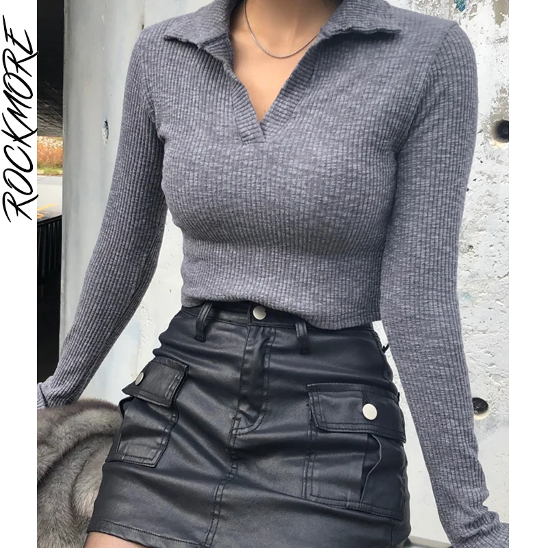 

Rockmore Solid Casual T-Shirt Women Long Sleeves Crop Tops Sexy Streetwear Party Club Basic Tee Spring Summer Knitted Pullovers