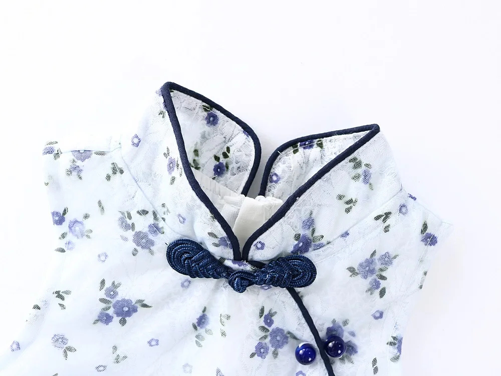 

Midoo Fairy 2021 Summer Girls Kids Children's Cotton Dress Chinese Stye Floral Mesh A-Line Cute Draped Sleeveless Casual Clothes