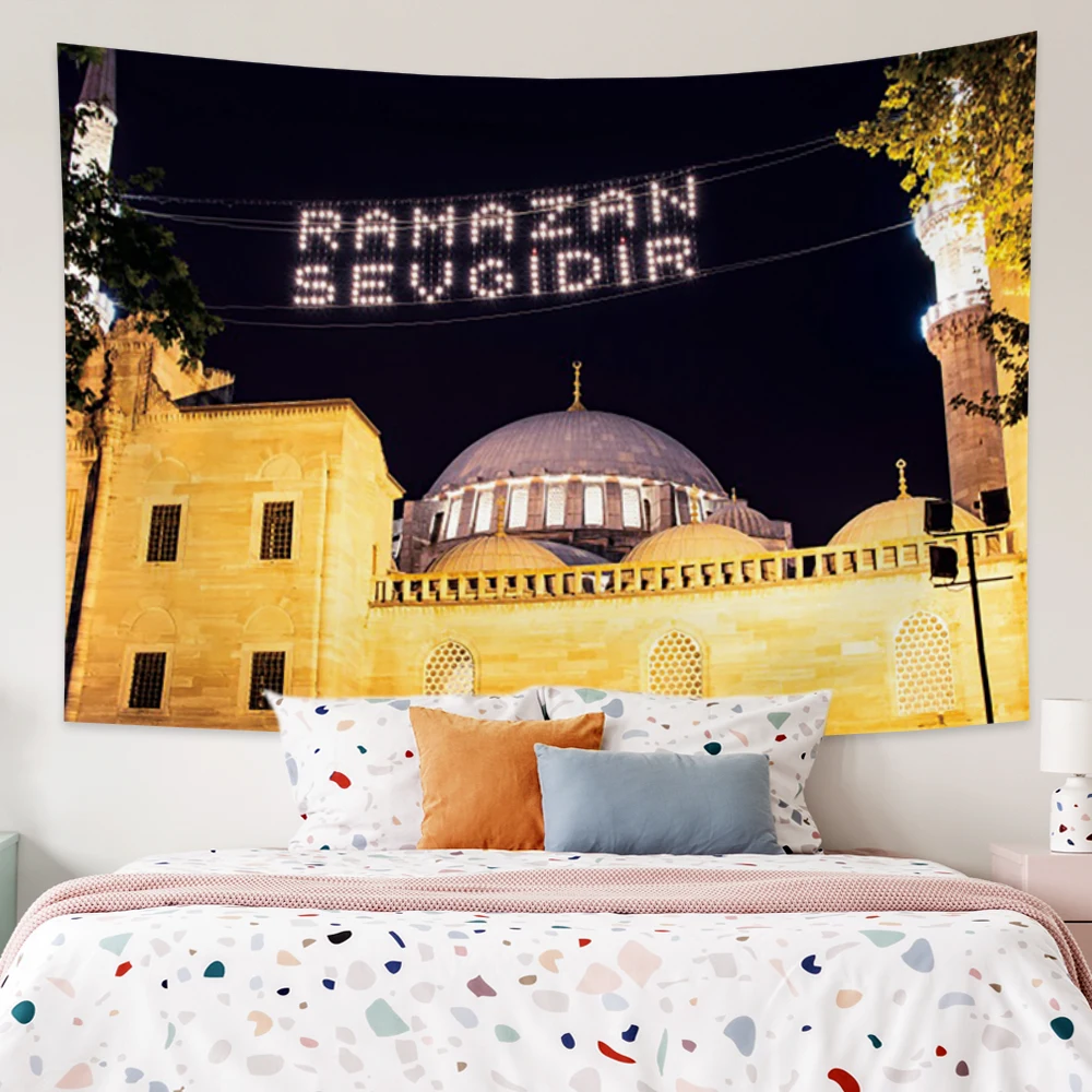

Laeacco Eid Mubarak Decoration Wall Hanging Tapestry Moon Star Muslim Festival Ramadan Festival Tapestry Background Cloth