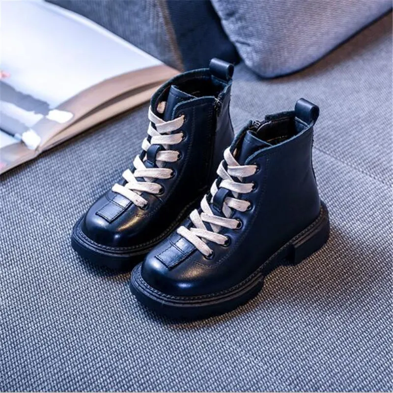

New Aurumn/Winter Short Plush Children Boys Girls Ankle Genuine Leather Boots Student Warm Black Baby Kids Shoes 02