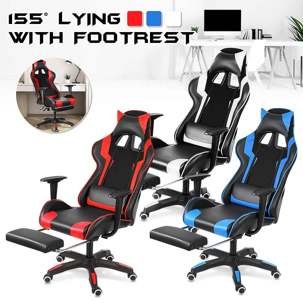 

155° Gaming Chairs with Footrest Ergonomic Office Chair Adjustable Swivel Leather High Back Computer Desk Chair with Headrest