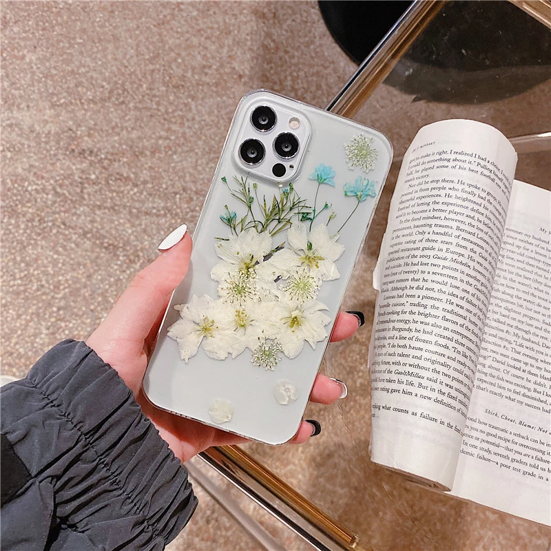 iphone 7 cover Qianliyao Real dried flower phone case for iphone 12 11 pro max X XS XR 7 8 plus SE 2020 natural white flower soft back cover phone cases for iphone 8