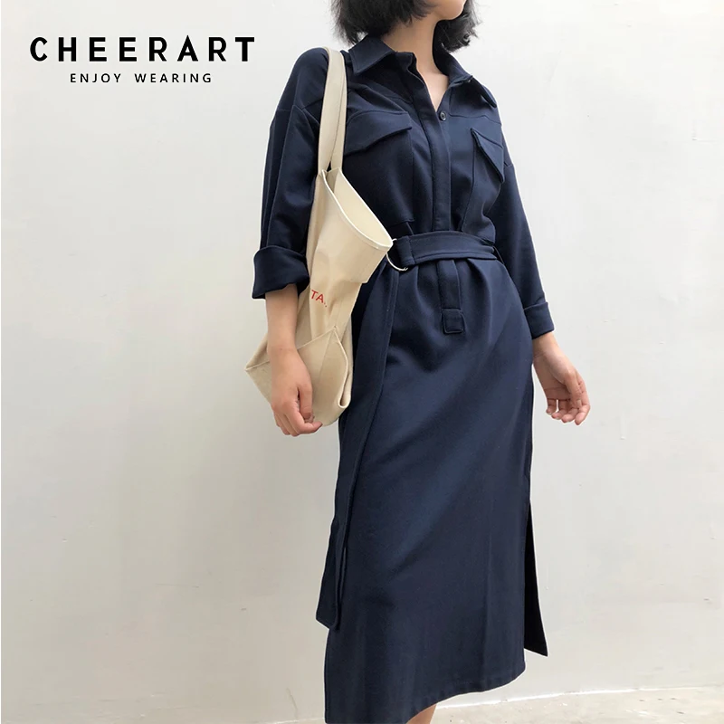 Cheerart Autumn Blue Dress Women Brown Shirt Dress Lace Up Wrap Split Office Ladies Korean Midi Dress
