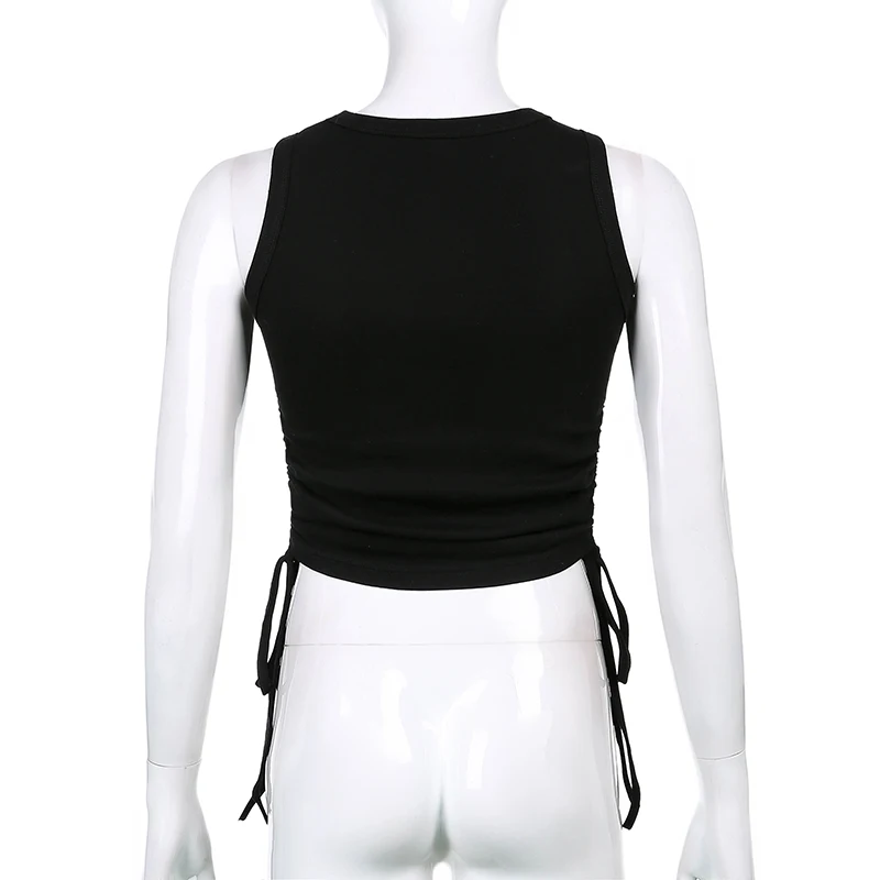 

White Solid Casual Tank Top Sleeveless Side Hollow Out Lace Up Streetwear Female Vest Off Shoulder O Neck Slim Cropped Tee Black