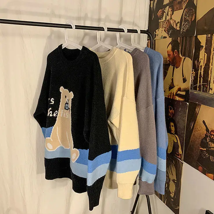 

Fried Street Cartoon Bear sweater men's loose ins trendy port style thickened T-shirt coat winter Korean sweater