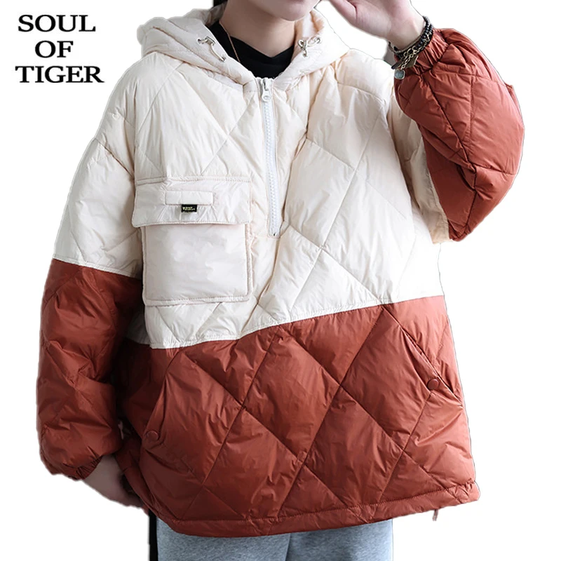 

SOUL OF TIGER 2021 Winter Women Loose Casual Snow Clothes British Style Ladies Warm Hooded Duck Down Jacket Zipper Padded Parkas