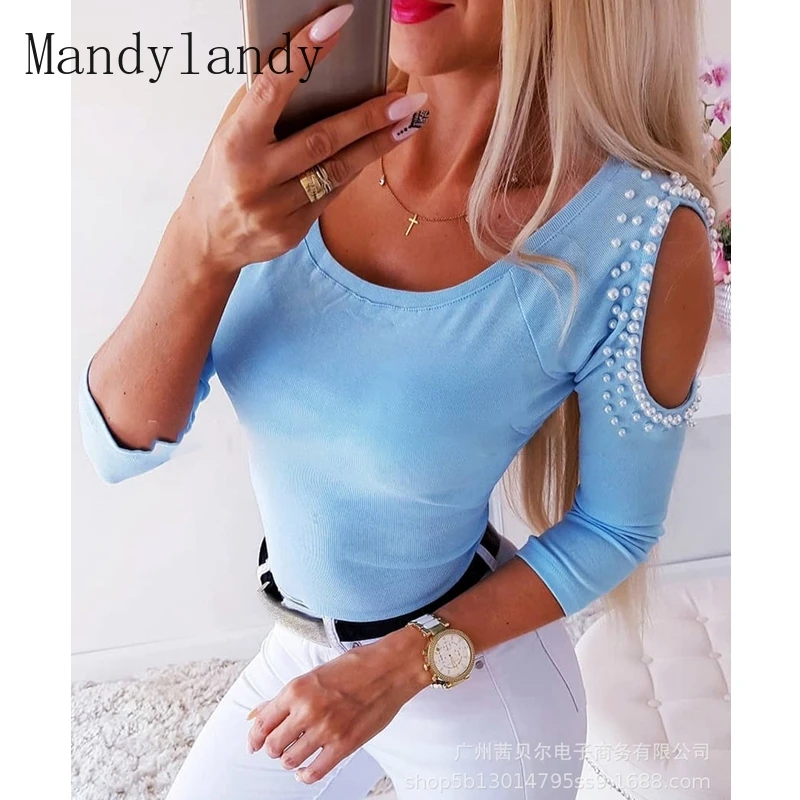 

Mandylandy T-shirt Autumn Fashion Long Sleeve O-Neck Off Shoulder T-shirt Women Sexy Slim Solid Color Embroidered Flares T-shirt