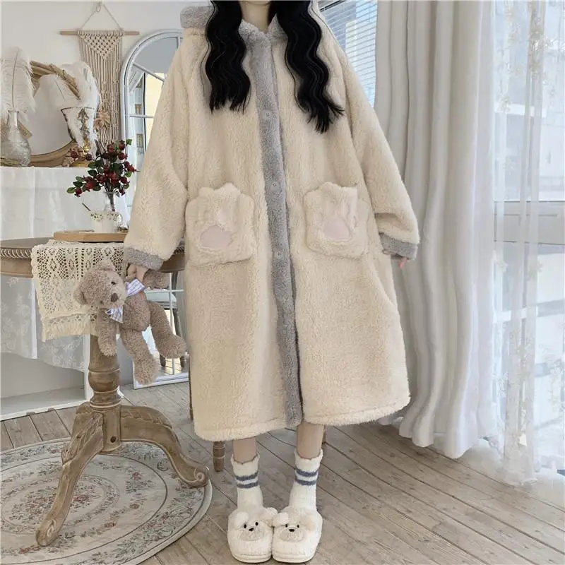 Pijamas Winter Ins Loose Thickened Warm Long Cute Hooded Pajamas Sleepwear Women Female Students Pajama Woman Robe Set nightgown