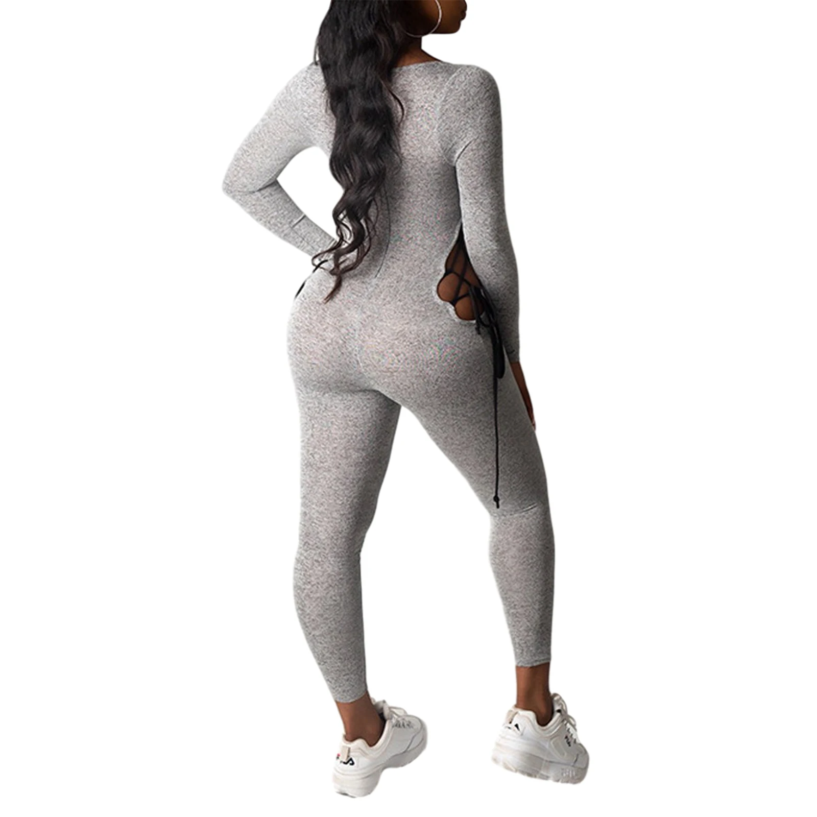 

Women's Sports Hollow Out Romper Casual Jumpsuit Elastic Waist Hollow Side Bandage Gym Yoga Running Long Sleeve Wear