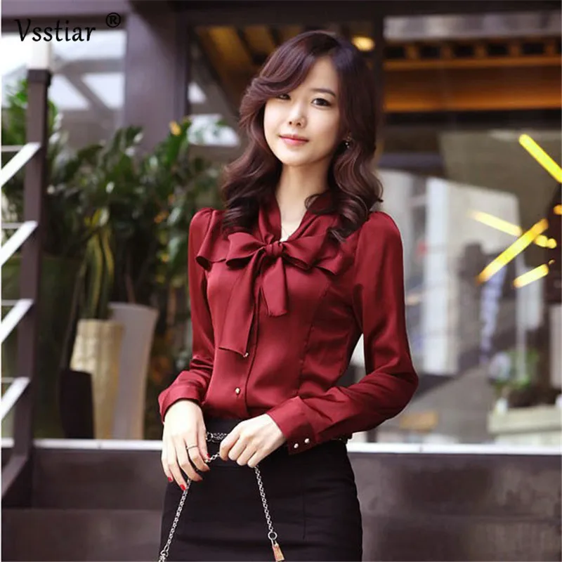 Женская атласная блузка с длинным рукавом и бантом|Блузки| |