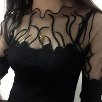 long sleeve pullovers lace patchwork see through slim knit tops korean fashion 2020 black sweater women half turtleneck