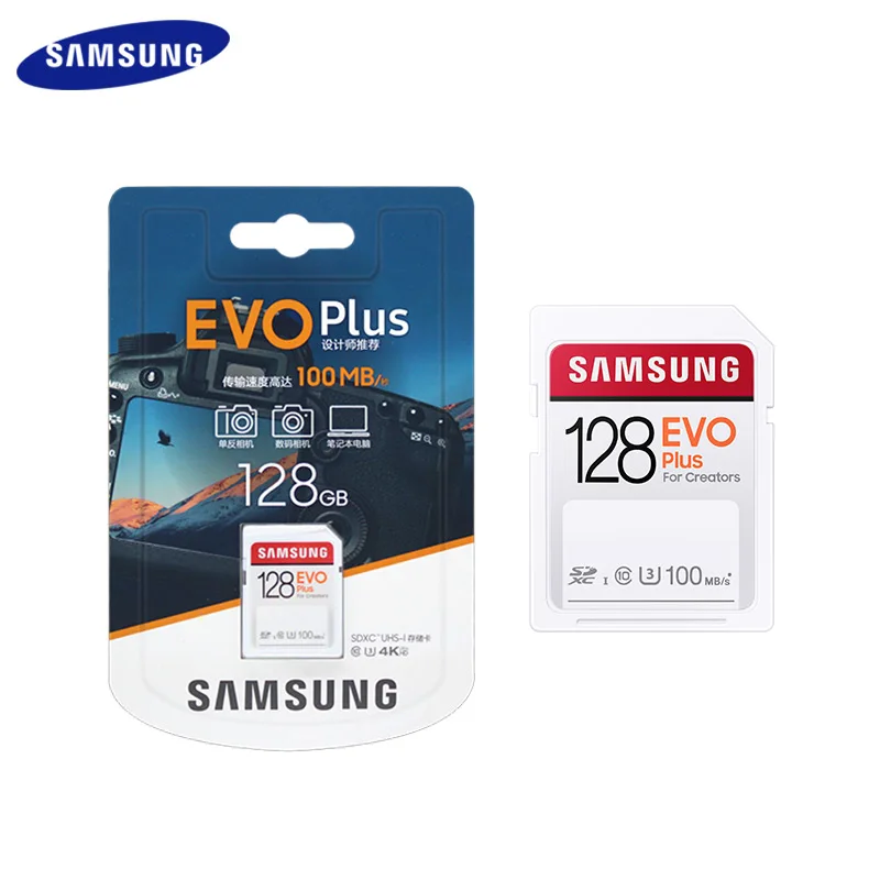 

100% Original Samsung EVO PLUS SD Card 128GB 256GB U3 Reading Speed 100 MB/S UHS-I Class 10 U1 64GB Memory Card For Camera