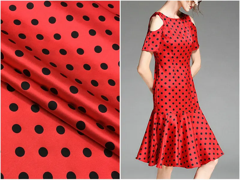 

145*50 см Новый Черный Принт Polkadot на красном 19 м эластичная Тяжелая шелковая атласная ткань для высокой моды одежды