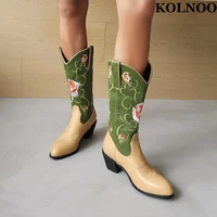 kolnoo handmade retro women kitten heel boots patchwork leather embroidery flowers mid calf boots large size 35 47 fashion shoes