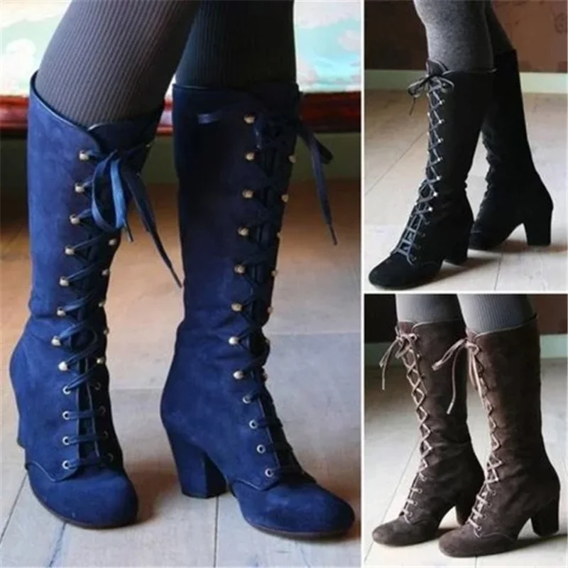 

Martin Boots Square Toe High Heel Front Lace-up Thick Heel Side Buckle Long Boots Knee-length Plus Size Women's Boots