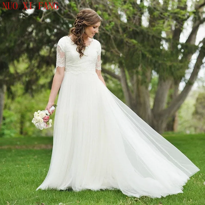 

NUOXIFANG принцесса трапециевидная Кружевная аппликация свадебное платье с коротким рукавом женское свадебное платье Бохо платья