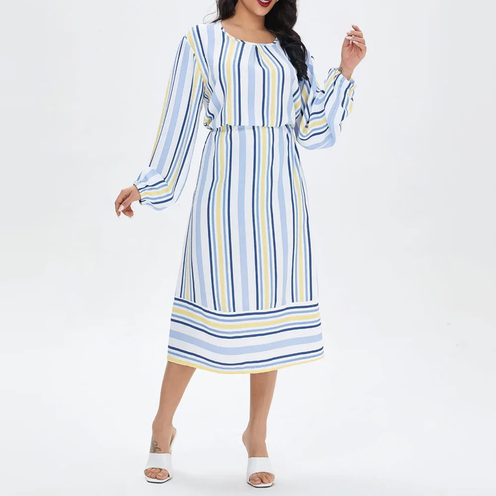 

2021 Spring Summer Muslim Fashion Loose Casual Oversize Indie Simple Stripe High Waist Round Neck Long Sleeve