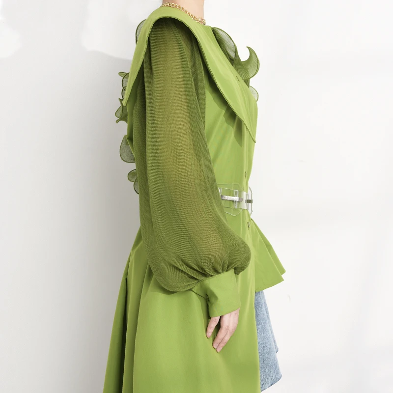 [EAM] женская зеленая плиссированная Асимметричная Длинная блузка новая свободная