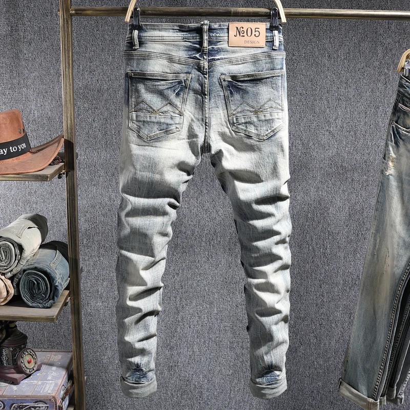 European Street Fashion Men Jeans Retro Distressed Elastic Slim Ripped Jeans Men Vintage Patchwork Designer Casual Denim Pants