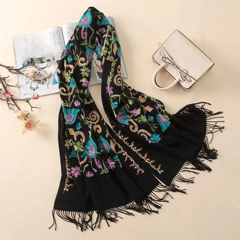 

Embroidery Retro Women Scarf Vintage Summer Pashmina Cotton Shawls And Wraps Lady Floral Bandana Female Hijab Winter Scarves