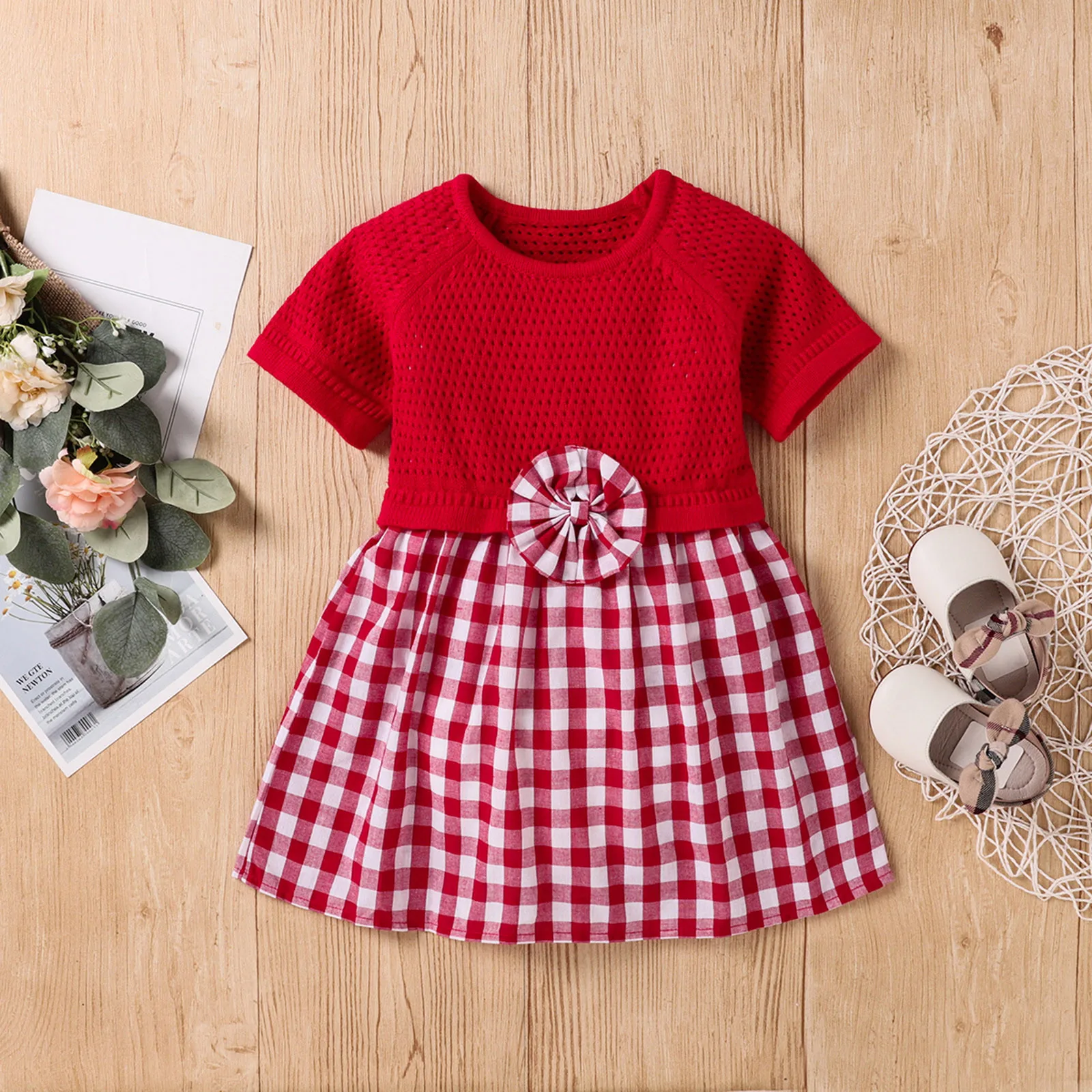 Летнее платье для маленьких девочек вязаные клетчатые лоскутные платья пляжное