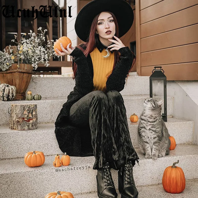 

Goth Black Flare Pants Harajuku High Waist Bandage Pants Vintage Aesthetic Velvet Women Trousers Streetwear Pants