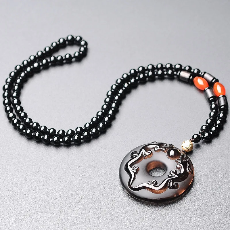 

Natural Obsidian Pendant Necklace Hand Carved Dragon Pendant Buddhist Totem Jewelry Peaceful Blessing Men And Women Jewelry