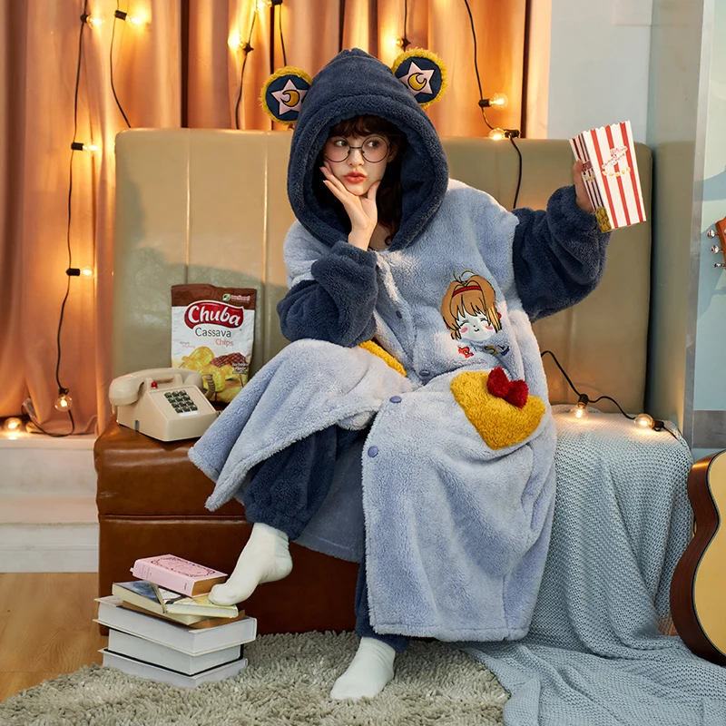 Winter Sleepwear Woman Loose Version Pajama Set Flannel Cartoon Night Skirt Two-piece Dress Cardigan Medium Style Sweet женский