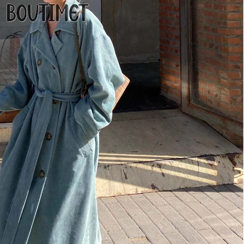 

2021 Autumn Mint Green Loose Corduroy Long Trench Coat Sashes Double Breasted Vintage Windbreaker Casual Outerwear