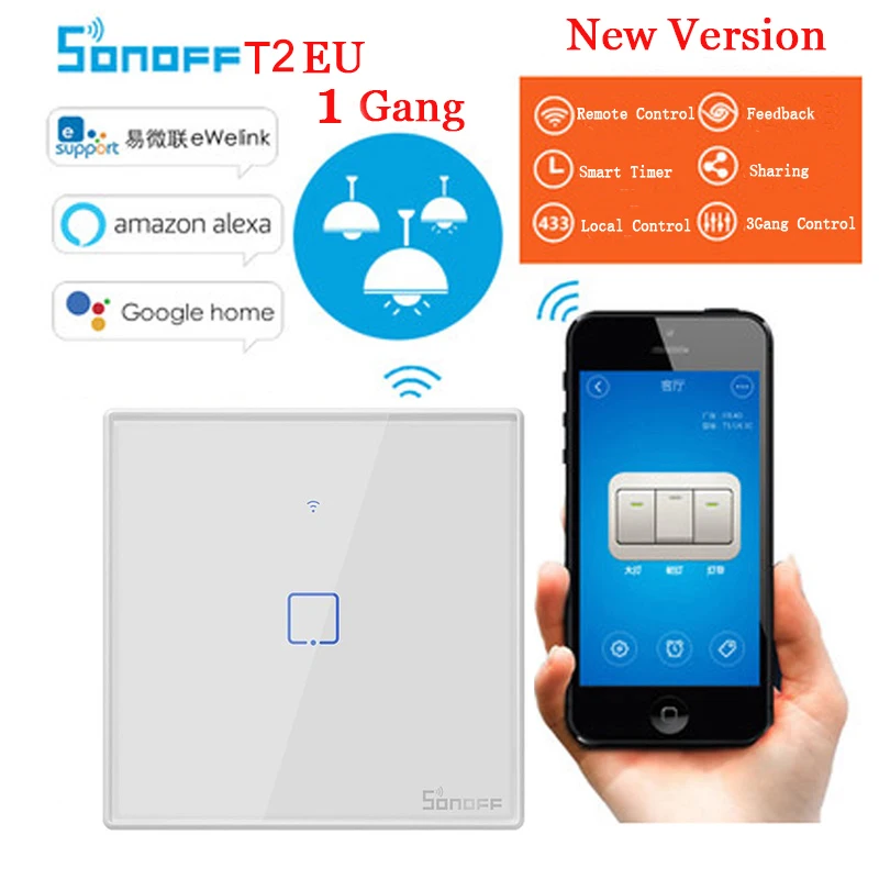 Sonoff t2 EU 1gang Sonoff TX T2 ЕС США Wifi умный настенный переключатель умный дом дистанционное управление таймер переключатель со стеклянной панелью работа с Alexa Google Home - Комплект: Sonoff t2 EU 1gang