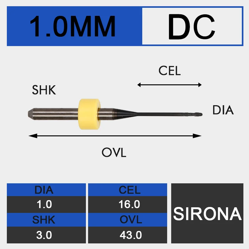 d1.0-D3-43-DC UCHEER 0,5/1,0/2,5 Sirona стоматологические фрезерные Бур с изумрудным покрытием для MCXL 5 Вольфрам твердосплавные фрезы для кройки циркония из оргстекла ПММА и воск - Cutting Edge Length: d1.0-D3-43-DC