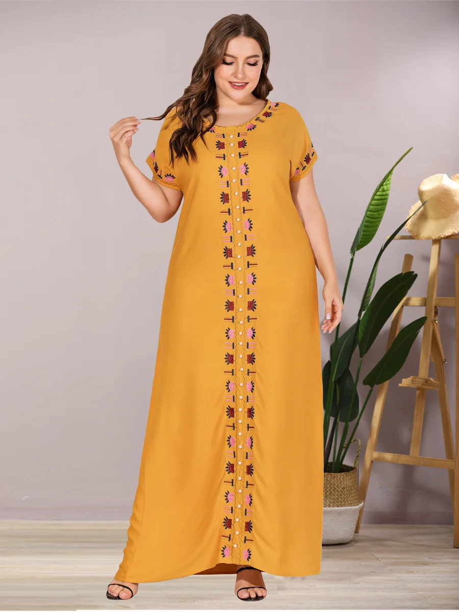 

Plus Size Fashion Summer Casual Straight Short Batwing Sleeve Maxi for Women Embroidery Dress