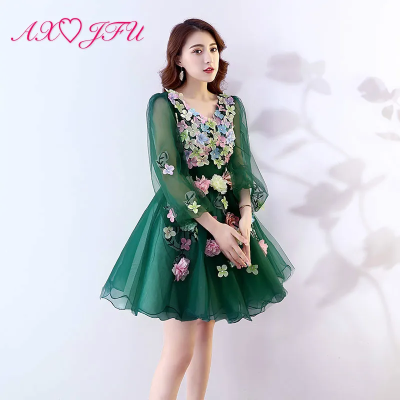 

AXJFU princess green lace flower bride evening dress vintage v neck long sleeve illusion blue lace host short evening dress