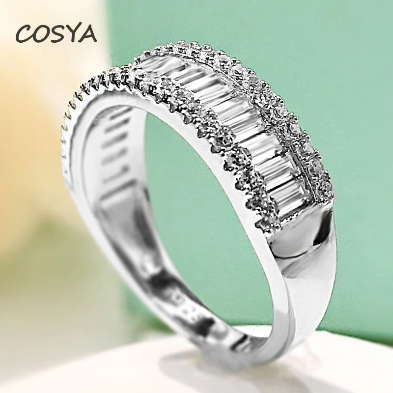 

COSYA 100% 925 Sterling Silver Double Row High Carbon Diamond Shining Rings For Women Engagement Anniversary Party Fine Jewelry
