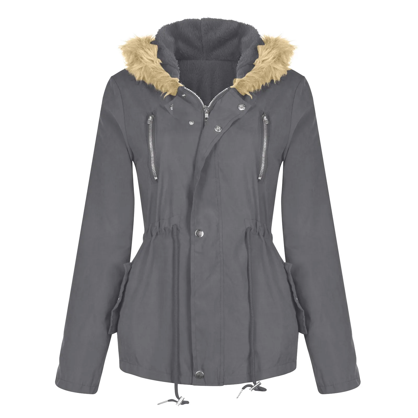 

Harajuku Women Drawstring Solid Colour Hoodie Thickened Down Padded Loose Cotton-Padded Tops Classic Long Sleeve Zipper Coat