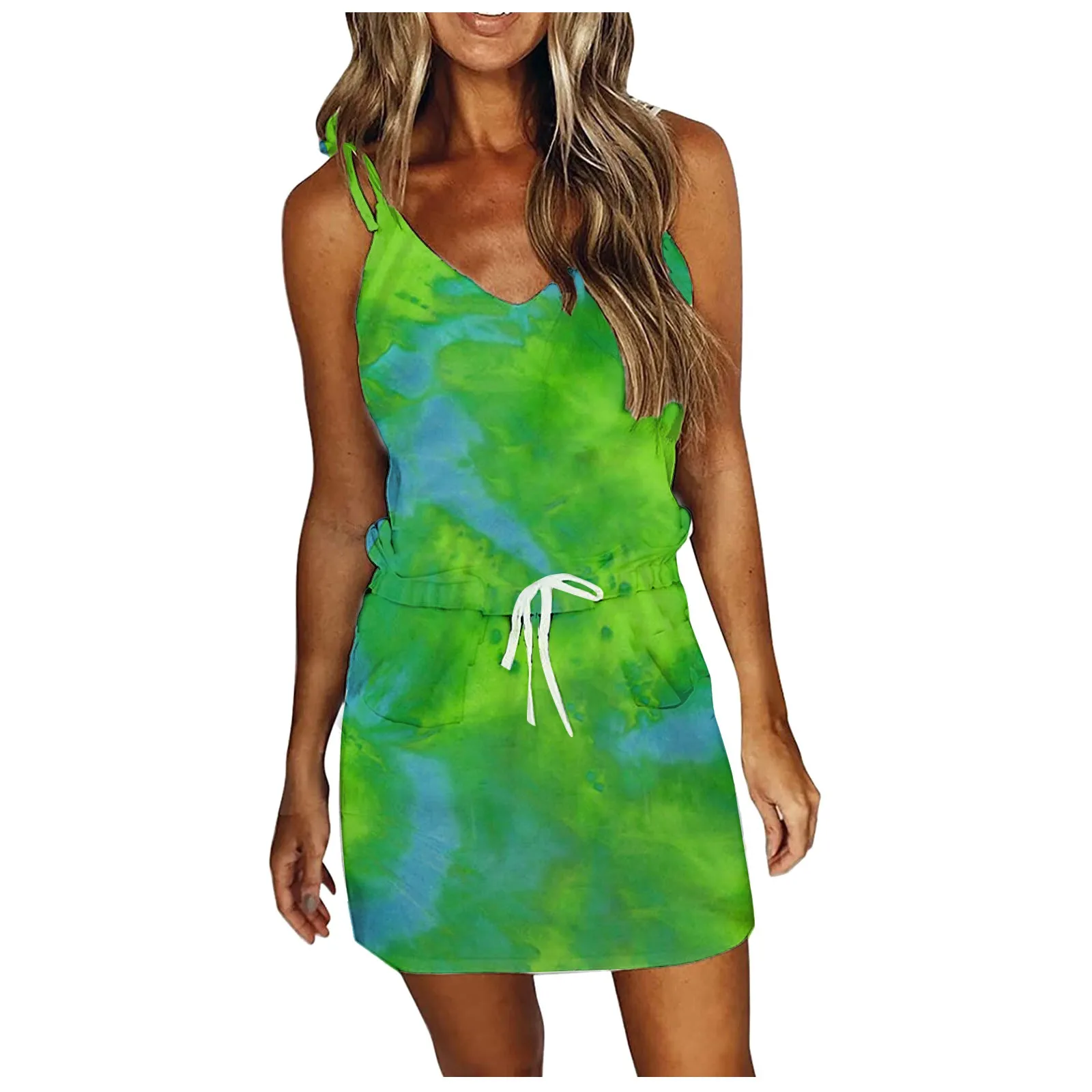 

Summer Dresses Ladies 2021 Women Dresses Summer Casual Tie-dye Dress V-neck Sleeveless Loose Strap Pocket Party Dress