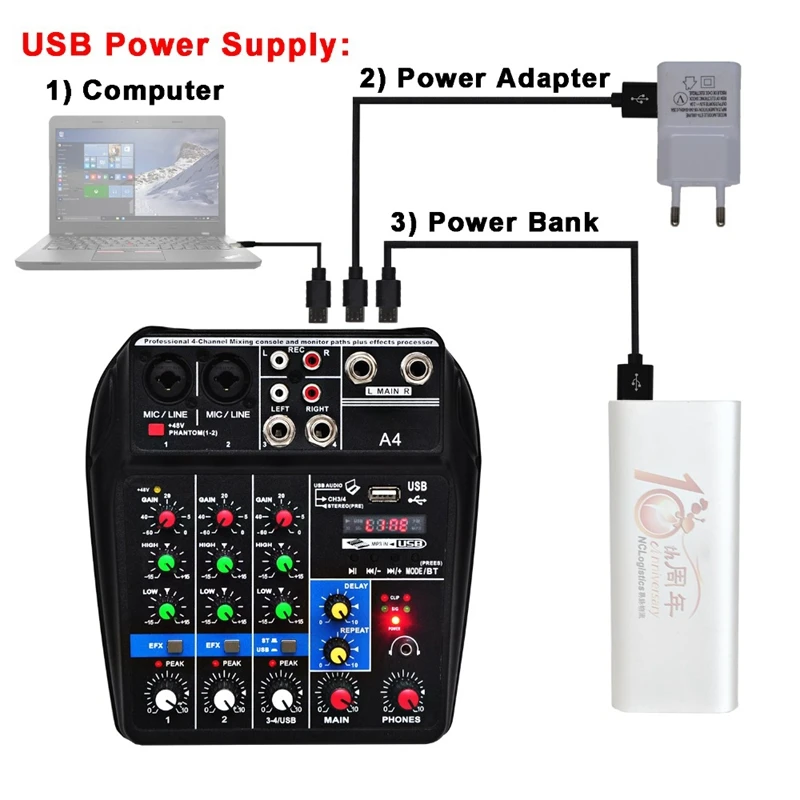 

Eu Plug A4 Sound Mixing Console Bluetooth Usb Record Computer Playback 48V Phantom Power Delay Repaeat Effect 4 Channels Usb Aud